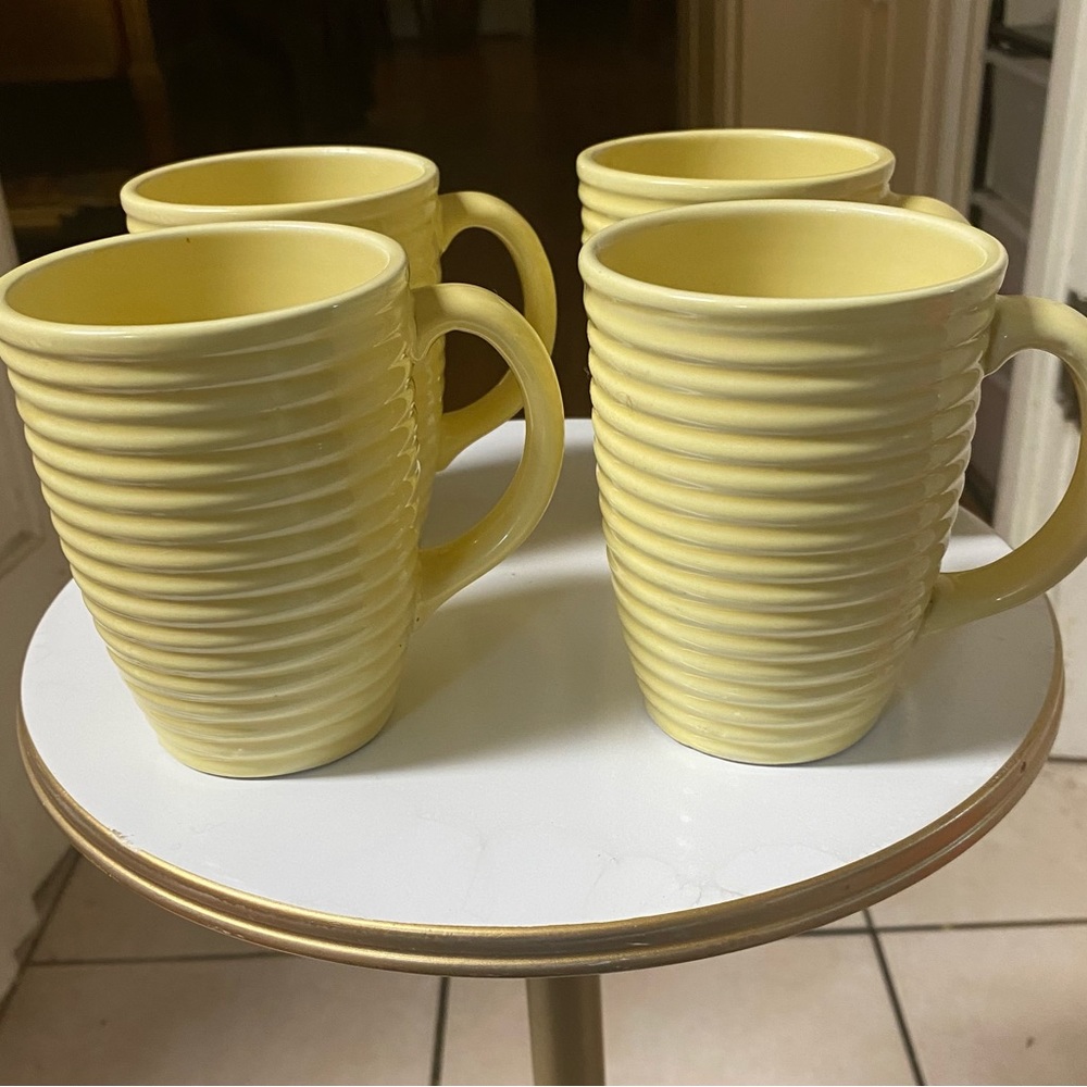 Set of 4 Fapor Ringware Ceramic Yellow Mugs, Made in Portugal, Ribbed Pattern